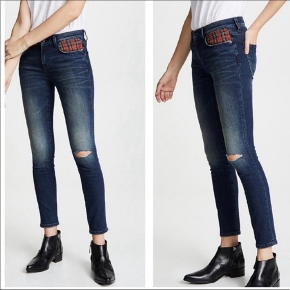Current Elliot Stiletto Plaid Pocket blue navy red pants denim Jean 29